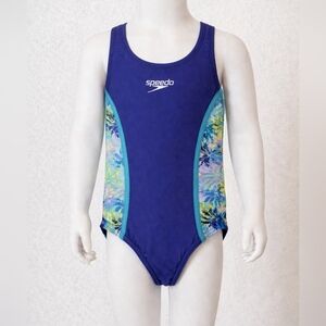 🌊 Speedo Girls One-Piece Swimsuit – Size 5 – Blue Tropical – Athletic Fit